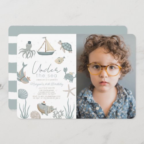 Oneder the Sea Creatures Blue Boy Birthday Photo Invitation