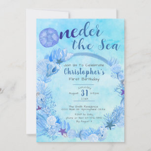 OneDer the Sea Cute Blue Boy's 1st Birthday Party Invitation