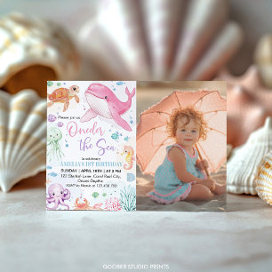 Oneder The Sea Cute Ocean Animals Birthday Photo Invitation