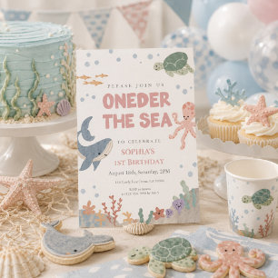 Oneder the Sea Cute Pink Watercolor Girl 1st Birth Invitation