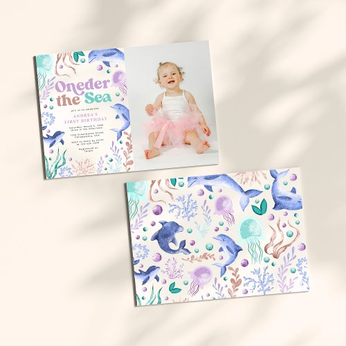 Oneder the Sea Dolphin Retro First Birthday Photo Invitation