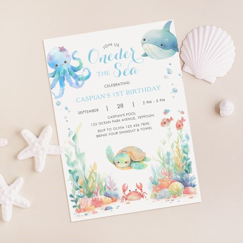 Oneder The Sea First Birthday Blue Invitation