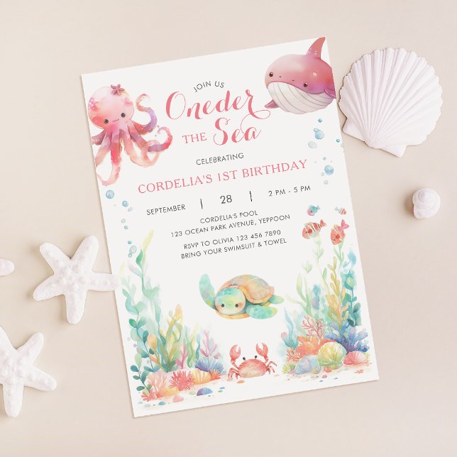 Oneder The Sea First Birthday Pink Invitation (Creator Uploaded)