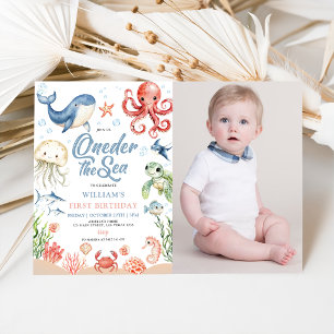 Oneder The Sea First Ocean Animal Photo Birthday  Invitation