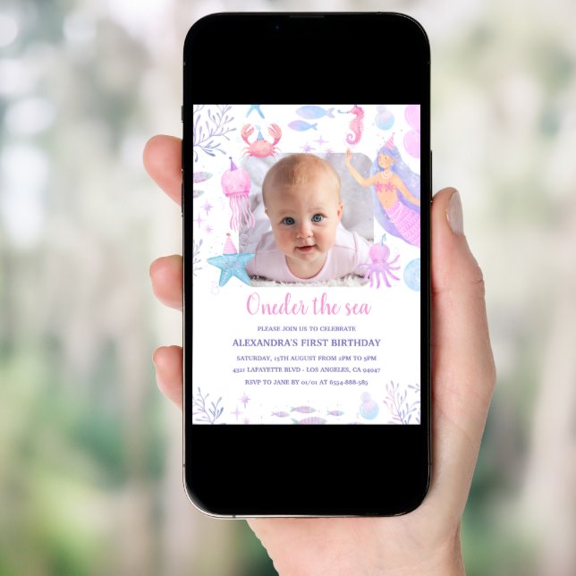 Oneder the Sea Girl 1st Birthday Mermaid Photo Invitation (Front Digital)