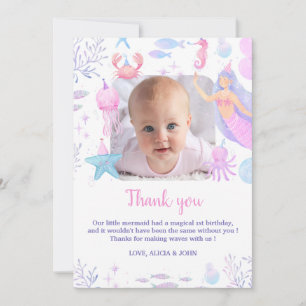 Oneder the Sea Girl 1st Birthday Mermaid Photo Thank You Card