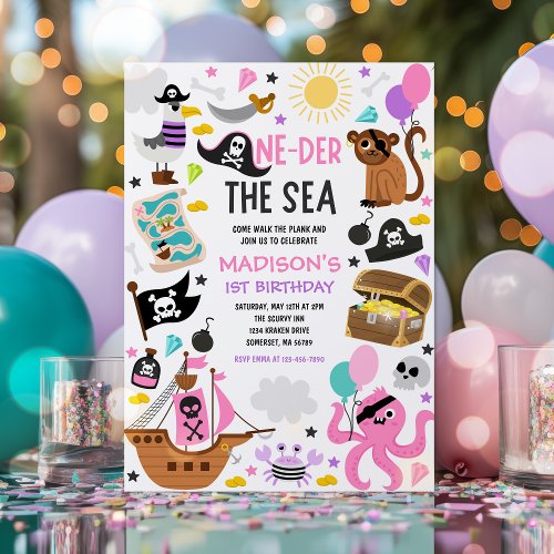 Oneder The Sea Girl Pink Pirate 1st Birthday Party Invitation