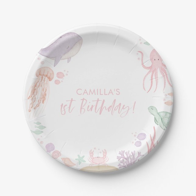 Oneder The Sea Girls 1st Birthday Paper Plates (Front)
