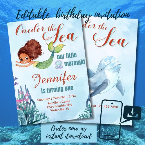 Oneder the sea mermaid 1st birthday girl invitation