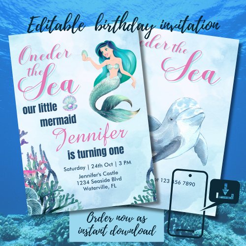 Oneder the sea mermaid 1st birthday girl invitation