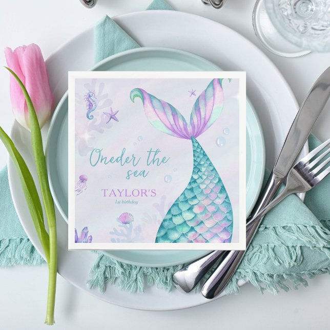 Oneder the Sea Mermaid 1st birthday girl Napkins (Oneder the sea - 1st birthday)