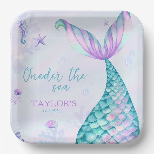 Oneder the Sea Mermaid 1st birthday girl Paper Plates (Front)