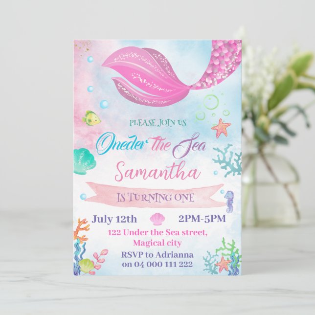 Oneder The Sea Mermaid 1st First Birthday Invitation (Standing Front)
