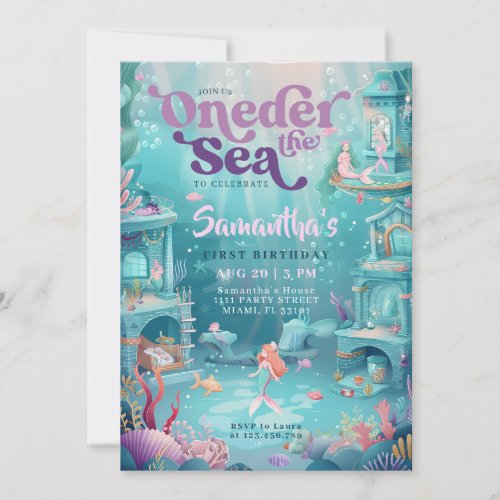 Oneder The Sea Mermaid Girl 1st Birthday Invitation