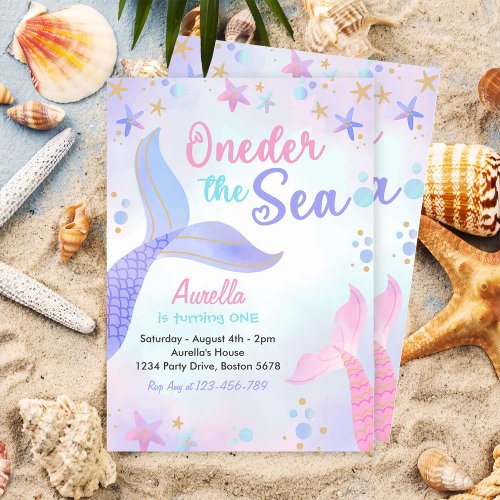 Oneder The Sea Mermaid Girl 1st Birthday Party Invitation