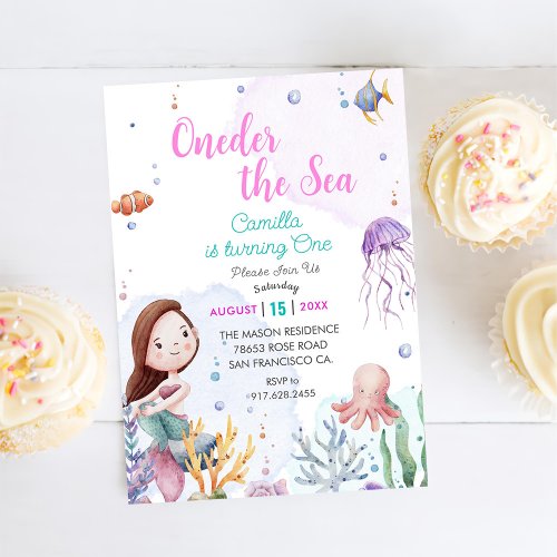 Oneder The Sea Mermaid Girl 1st Birthday Party Invitation