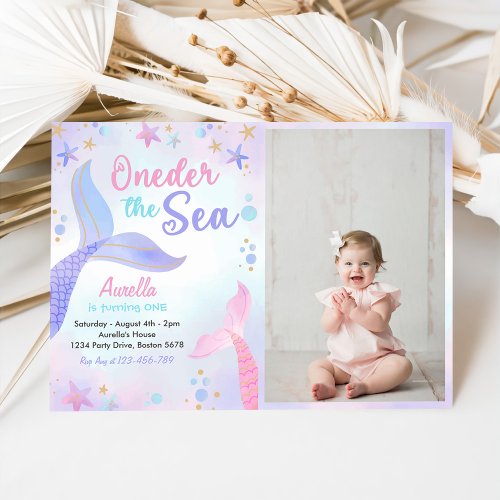 Oneder The Sea Mermaid Girl 1st Birthday Photo Invitation