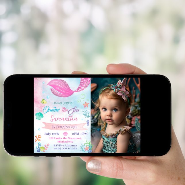 Oneder The Sea Mermaid Photo 1st First Birthday Invitation (Front Digital)