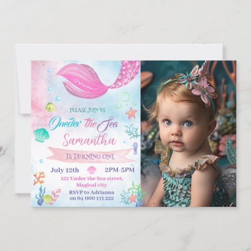 Oneder The Sea Mermaid Photo 1st First Birthday Invitation