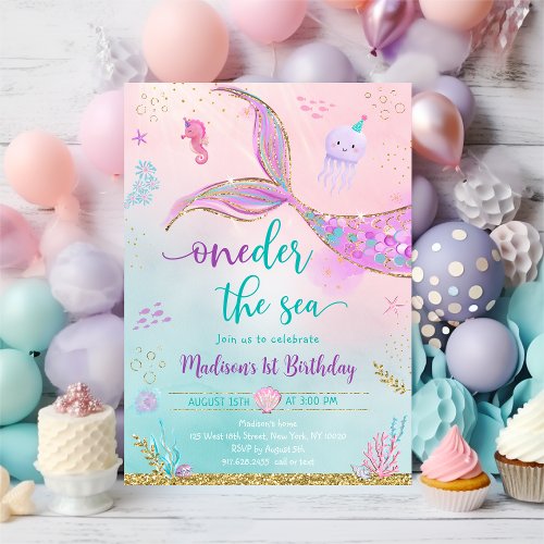 Oneder the Sea Mermaid Pink Purple Birthday Invitation