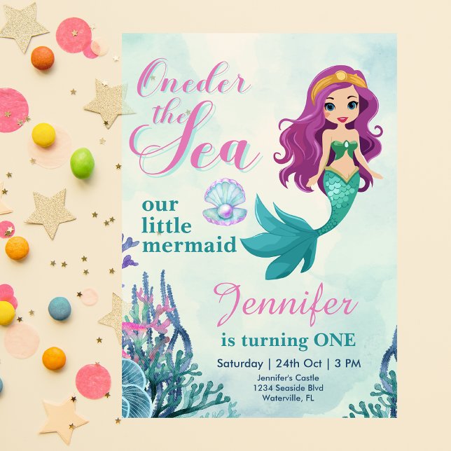 Oneder the sea mermaid purple 1st birthday girl invitation (Creator Uploaded)