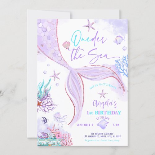 ONEder the Sea Mermaid Purple Teal First birthday Invitation
