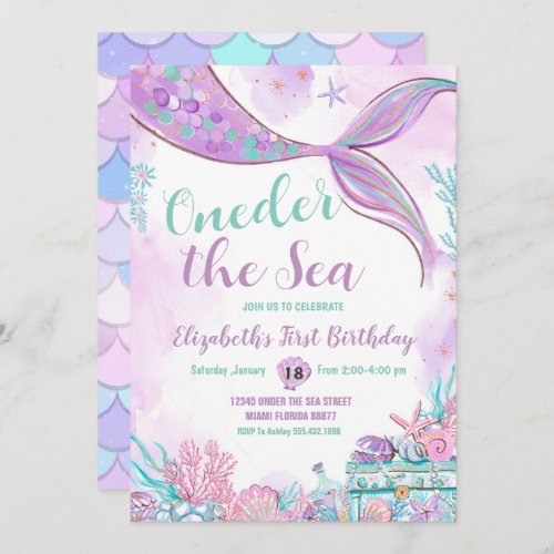 Oneder the Sea Mermaid Purple Teal First Birthday Invitation