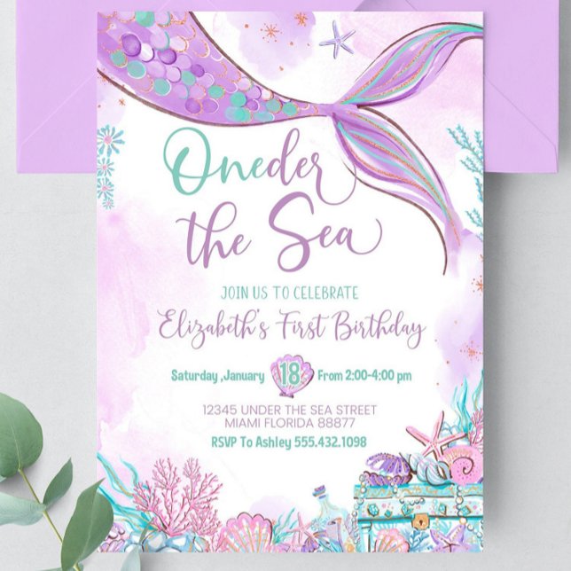 Oneder the Sea Mermaid Purple Teal First Birthday  Invitation (Creator Uploaded)