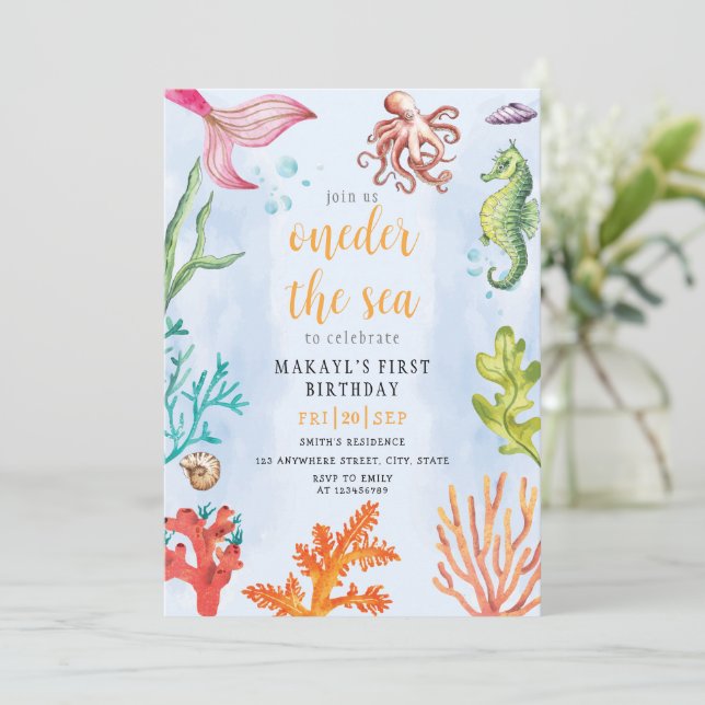 oneder the sea mermaid theme Party first Birthday  Invitation (Standing Front)