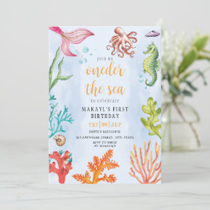 oneder the sea mermaid theme Party first Birthday Invitation