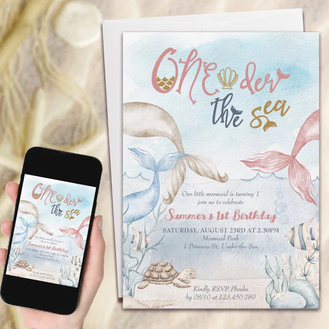 Oneder The Sea Mermaid Watercolor 1st Birthday Invitation Zazzle 0353