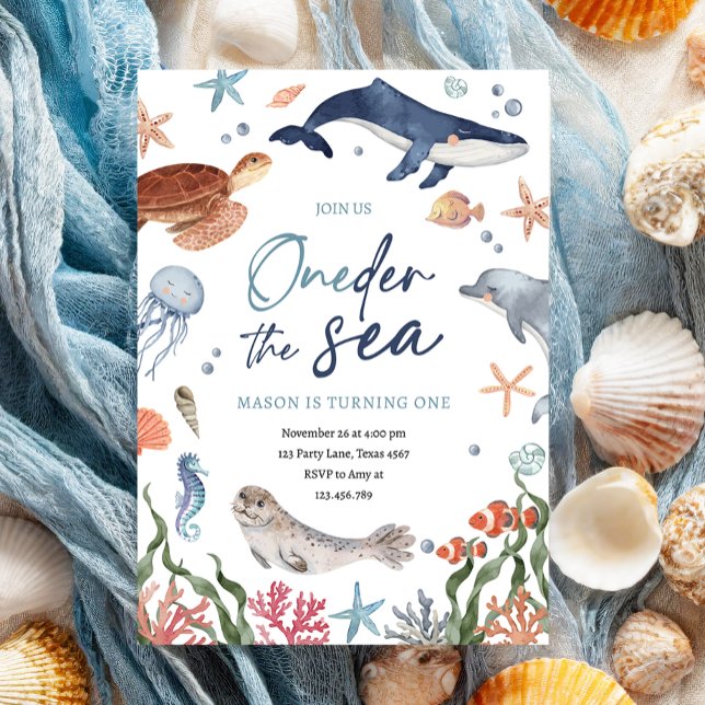 Oneder the Sea Nautical Ocean 1st First Birthday Invitation (Creator Uploaded)