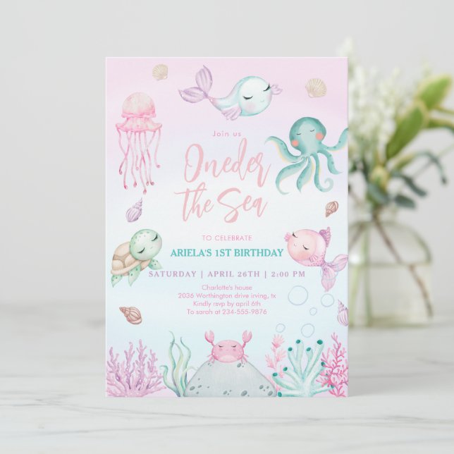 Oneder the Sea Ocean Animals 1st Birthday Invitation (Standing Front)