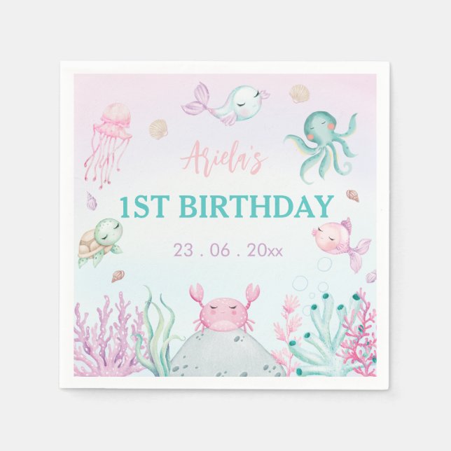 Oneder the Sea Ocean Animals 1st Birthday Napkins (Front)