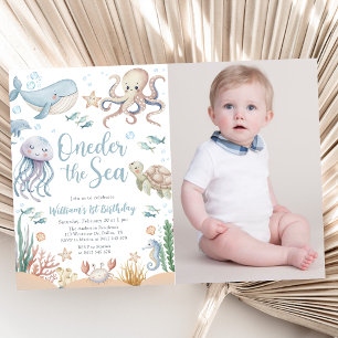 Oneder The Sea Ocean Animals 1st Birthday Photo Invitation