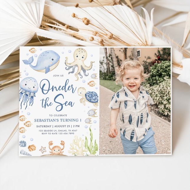 Oneder The Sea Ocean Animals 1st Birthday Photo Invitation (Creator Uploaded)