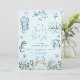 Oneder the Sea Ocean Animals Boy 1st Birthday Invitation
