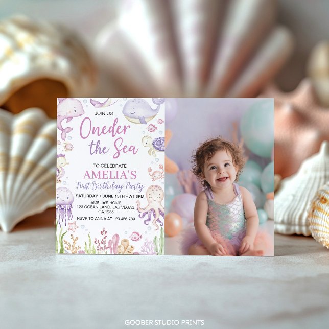Oneder The Sea Ocean Animals Girl Birthday Photo Invitation (Creator Uploaded)