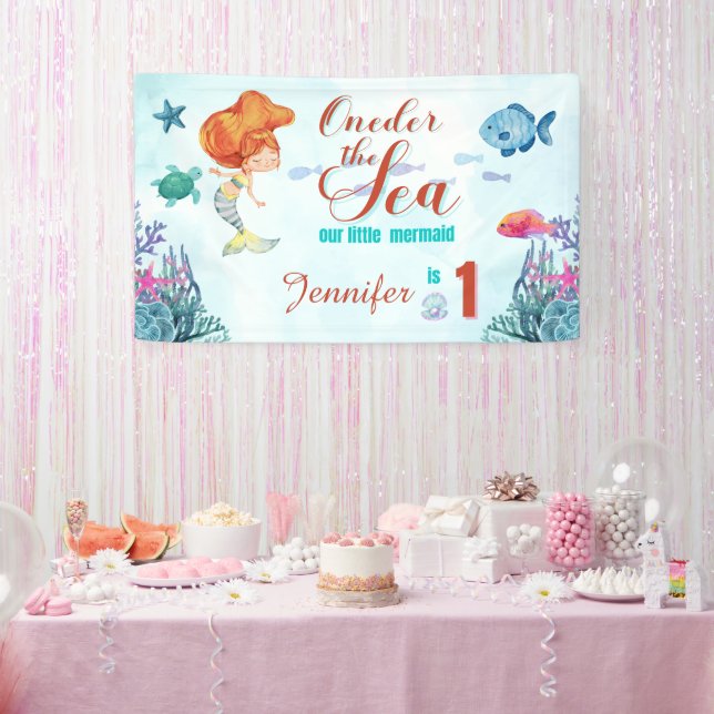 Oneder the Sea Orange Mermaid 1st Birthday Girl Banner (Party)