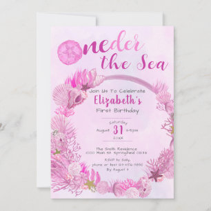 OneDer the Sea Pink Girl Photo 1st Birthday Party Invitation