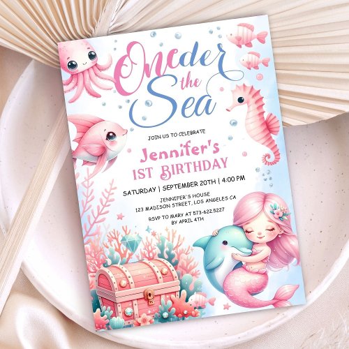 ONEder The Sea Pink Little Mermaid 1st Birthday Invitation