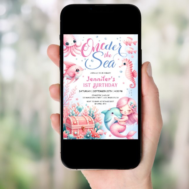 ONEder The Sea! Pink Little Mermaid 1st Birthday Invitation (Front Digital)