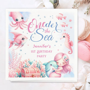 Oneder the sea! Pink Little Mermaid 1st Birthday Napkins