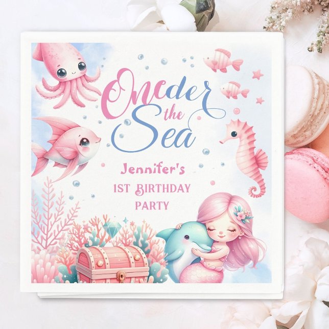 Oneder the sea! Pink Little Mermaid 1st Birthday Napkins (Creator Uploaded)