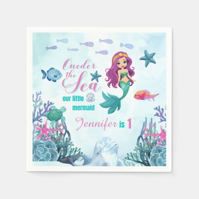 Oneder the sea purple mermaid 1st birthday girl napkins (Front)