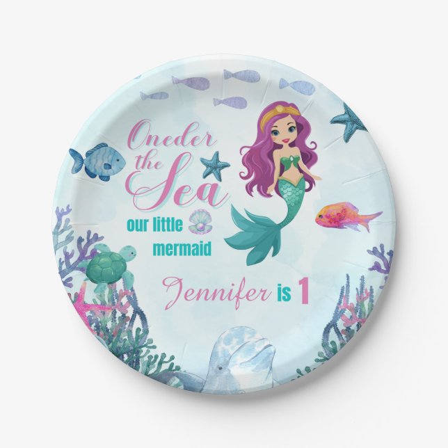 Oneder the Sea Purple Mermaid Girls 1st Birthday Paper Plates (Front)