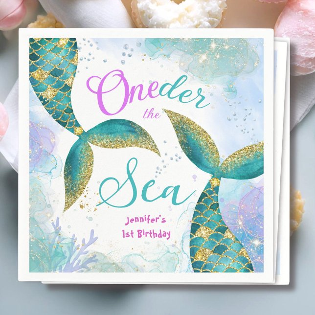 Oneder The Sea! Purple Teal Girls 1st Birthday  Napkins (Creator Uploaded)