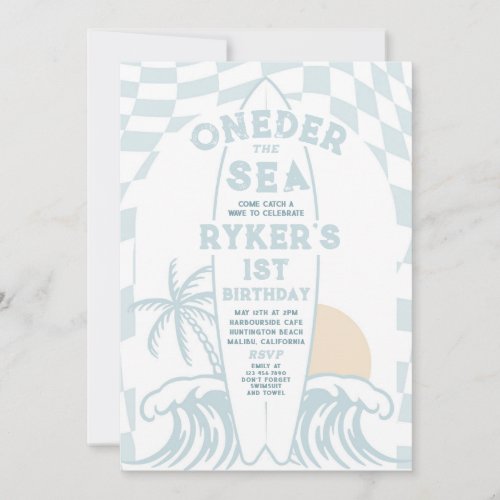 Oneder The Sea Surf Surfboard 1st Birthday Party Invitation