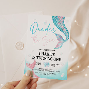 Oneder the Sea Watercolor Mermaid 1st Birthday Invitation