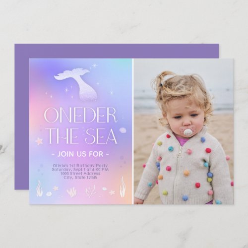 Oneder the Sea Whimsical Sparkly Mermaid Birthday Invitation